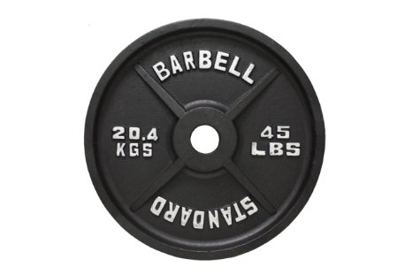 Black 45-pound (20.4 kg) standard barbell weight plate with white embossed text on a white background.