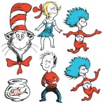 A colorful collage of classic Dr. Seuss characters including the Cat in the Hat, Thing 1 and Thing 2, Sally, and the fish in the bowl.