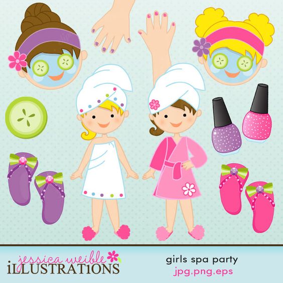 Two girls in spa outfits with face masks, nail polish, flip-flops, and cucumber slices-cute cartoon illustration for a girls' spa party.