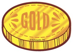 Shiny illustrated gold coin with the word "GOLD" embossed in center and radiating lines, outlined in brown.