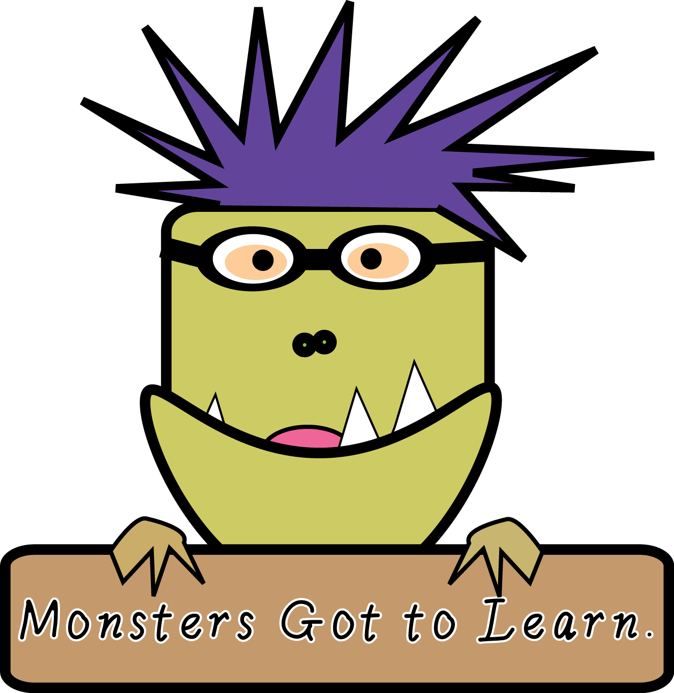 Green cartoon monster with purple spiky hair, glasses, and sharp teeth holding a sign that reads "Monsters Got to Learn."