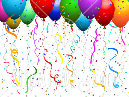 Colorful party balloons with streamers and confetti against a white background.
