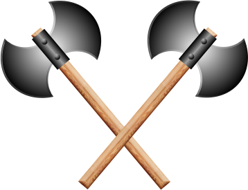 Two crossed medieval battle axes with wooden handles and metallic double-bladed heads on a black background.