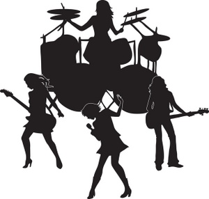 Silhouette of a four-member rock band performing: drummer, two guitarists, and a singer with microphone.