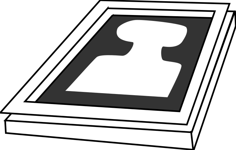 Stylized monochrome icon of a photo frame with abstract white shape inside, tilted perspective on black background.