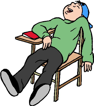 A cartoon man in a green sweater and blue cap laughs heartily while slouching in a wooden chair with a red book on the desk.