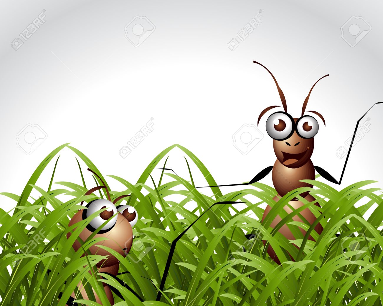 Two cartoon ants with big eyes peeking through lush green grass, one smiling and waving.