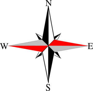 Red and gray compass rose on white background, symbolizing navigation and direction.