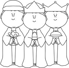 Three cartoonwise men in crowns and robes holding gifts, representing the Biblical Magi.