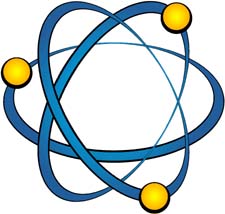 Blue orbital paths with three yellow electrons circling a central nucleus, representing a simplified atomic model.