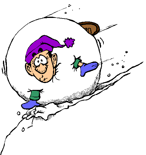 A cartoon man in a purple hat and blue boots gets rolled downhill inside a giant snowball, looking surprised.