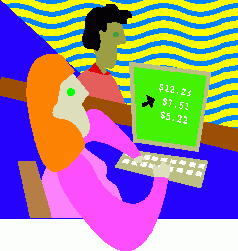 Two people analyzing financial data on a computer screen showing dollar amounts with a wavy background.