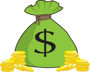 Green money bag with a dollar sign and stacks of gold coins, symbolizing wealth and finance.