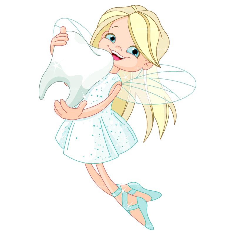 Smiling tooth fairy with blonde hair and wings holding a large sparkling tooth.