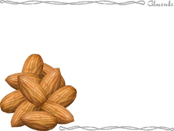 A small pile of raw, unshelled almonds on a white background with decorative border and "Almonds" label.