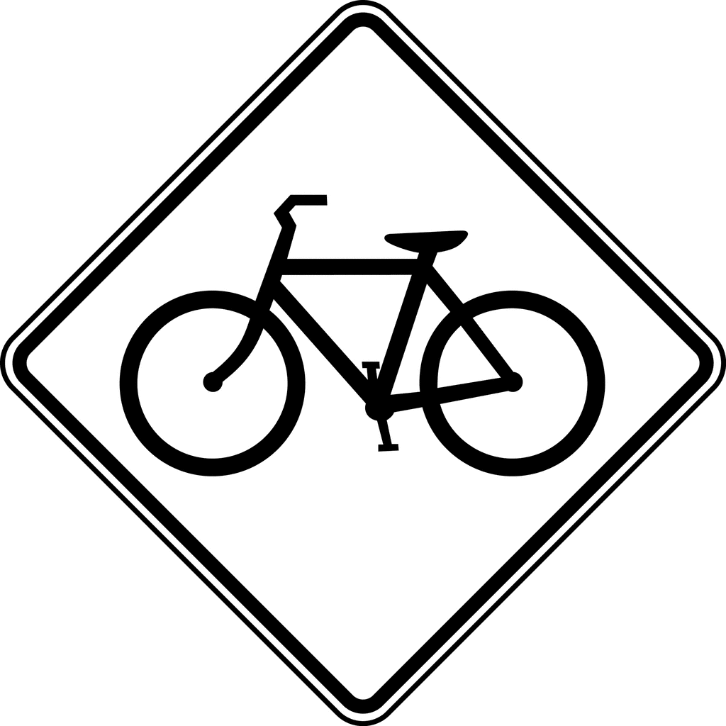 Black-and-white bicycle warning sign in diamond shape with bold border, indicating bike crossing or shared path ahead.