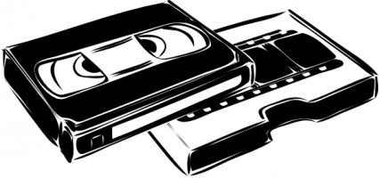 Black-and-white illustration of a VHS cassette tape resting on an open film strip case, evoking analog media nostalgia.