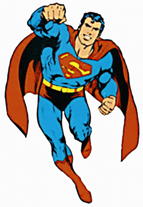 Classic Superman flying forward in iconic blue suit, red cape, and yellow 'S' shield, fists clenched with heroic determination.