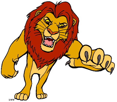 Animated lion with fierce expression, roaring and lunging forward with claws extended.