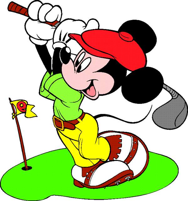 Mickey Mouse in a red cap and green shirt swings a golf club on a green with a flag.