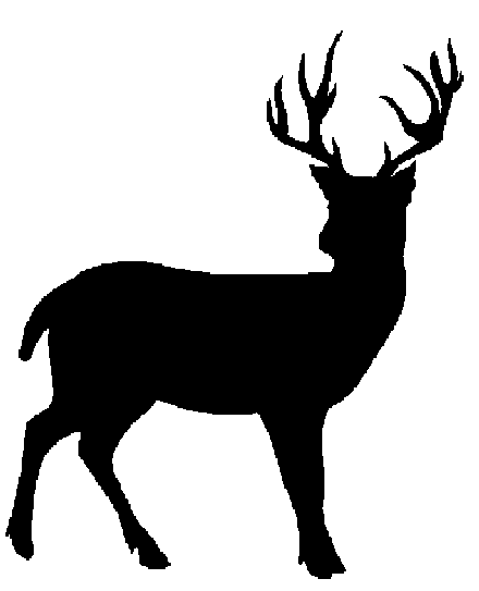 Black silhouette of a majestic buck with large antlers standing in profile against a white background.
