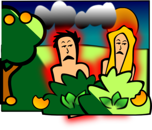 Adam and Eve in the Garden of Eden, hiding among foliage after eating the forbidden fruit, with a stormy sky above.