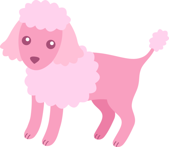 Pink cartoon poodle with fluffy fur, standing pose, stylized illustration.