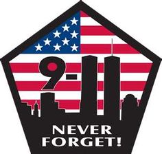 Patriotic pentagon-shaped memorial emblem with American flag, Twin Towers silhouette, "9-11" and "NEVER FORGET!" text.