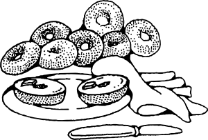 Black-and-white line drawing of assorted bagels with cream cheese, lox, and schmear on a plate with utensils.