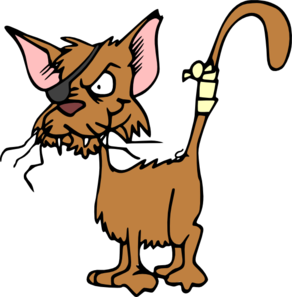 A cartoon brown cat with a black eye patch, sharp teeth, and a striped tail, standing alert against a black background.