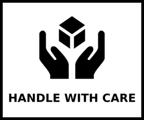 Black icon of two hands cradling a box above the text "HANDLE WITH CARE" on white background.