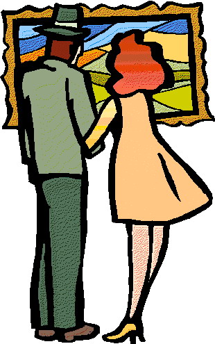 A man and woman view a colorful abstract painting in a gallery, seen from behind.