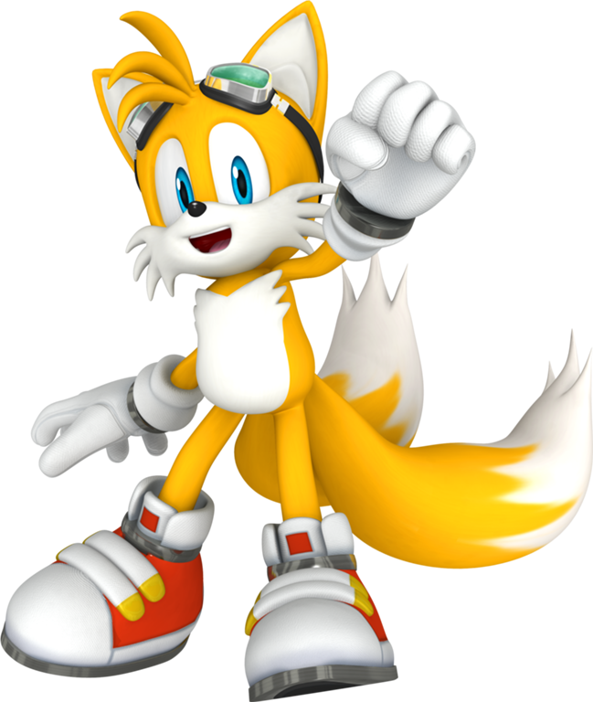 Tails the fox from Sonic the Hedgehog, wearing goggles and waving with a cheerful expression.