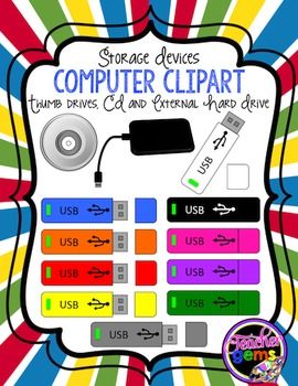 Colorful educational clipart showing various computer storage devices including USB drives, CD, and external hard drive.