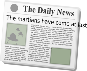 A crumpled newspaper titled "The Daily News" with headline "The martians have come at..." and placeholder text.