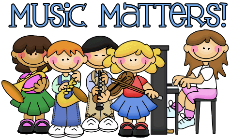Five diverse children playing musical instruments-trumpet, saxophone, clarinet, violin, and piano-with "MUSIC MATTERS!" text above.