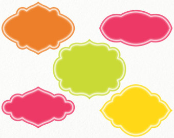 Five colorful ornate label shapes in orange, pink, lime green, magenta, and yellow on a white background.