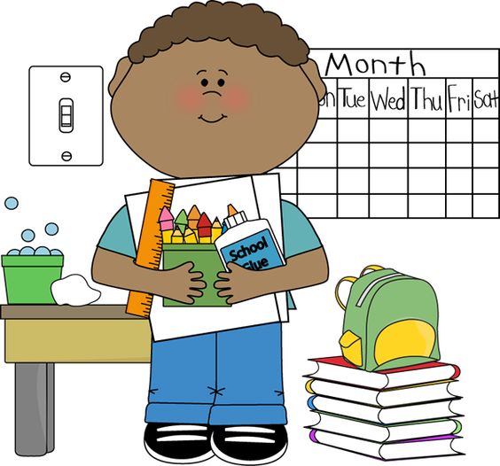 A smiling cartoon boy holding school supplies including glue, crayons, paper, and a ruler, with a backpack and books nearby.