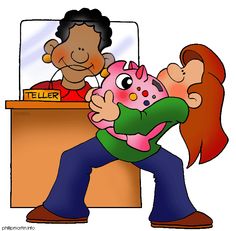 A smiling woman hugs a pink piggy bank at a bank teller counter while the teller looks on warmly.