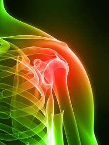Medical illustration of a human shoulder joint with red inflammation highlight indicating pain or injury.