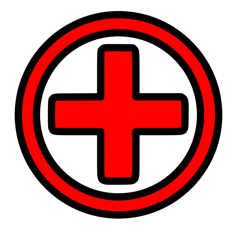 Red medical cross inside a circle on black background, symbolizing healthcare or emergency services.