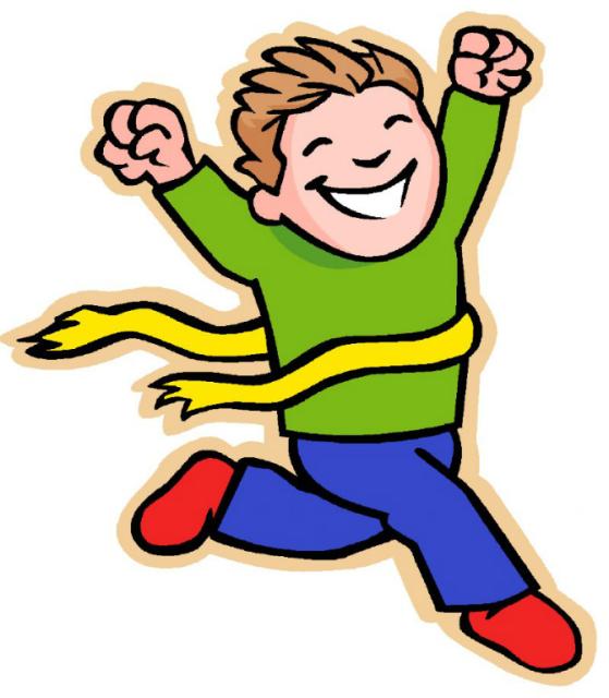 Joyful cartoon boy in green shirt and blue pants leaping with raised fists and yellow scarf flowing behind him.