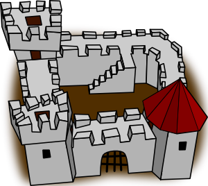 Illustrated medieval castle with gray stone walls, crenellated towers, and a red conical roof on a brown background.