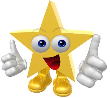 Cheerful yellow star mascot with big blue eyes, smiling mouth, and two thumbs-up gestures.