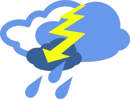 Blue cloud with yellow lightning bolt and raindrops indicating a thunderstorm.