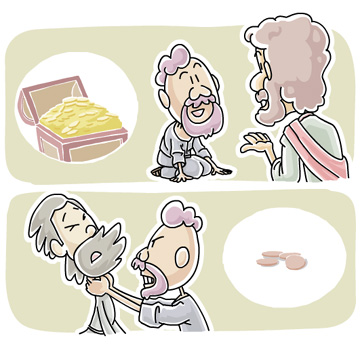 Two-panel cartoon showing a man offering gold coins to another, who then grabs his beard in anger while coins scatter.