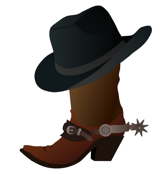 Brown cowboy boot with silver spur and black wide-brimmed hat, classic Western attire.