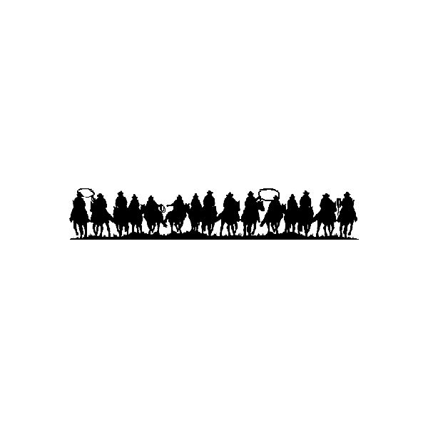 Silhouette of a line of cowboys on horseback, some swinging lassos, against a white background.