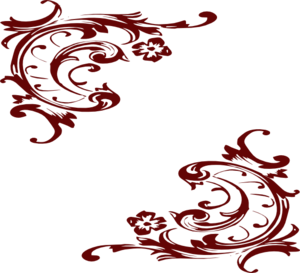 Elegant red ornamental corner flourishes on black background, classic decorative border design.
