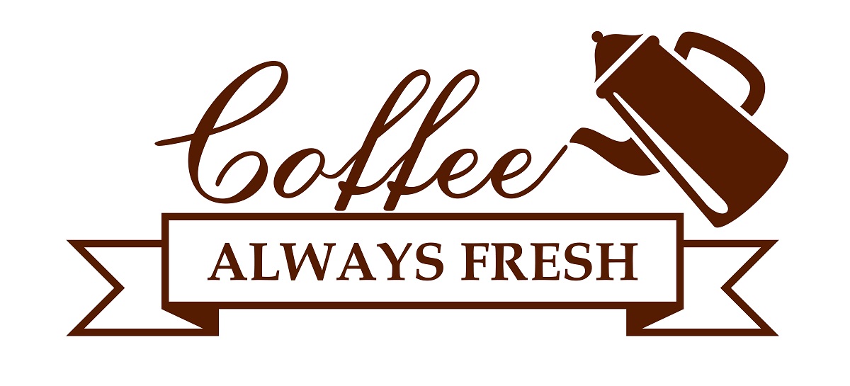 Brown coffee logo with "Coffee Always Fresh" text and a pouring French press illustration.
